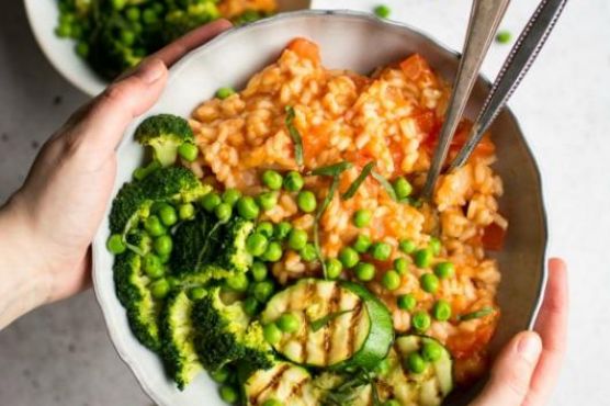 Fresh Tomato Risotto with Grilled Green Vegetables