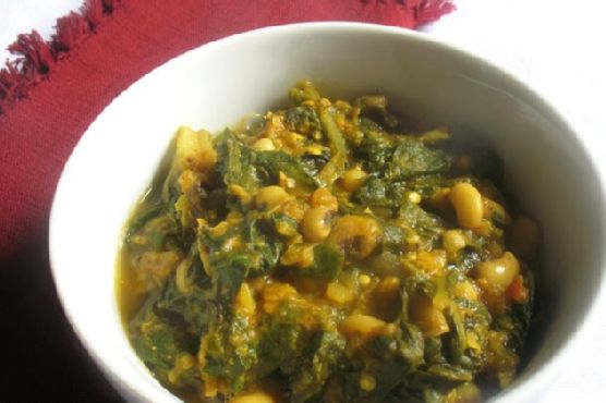 Spicy Black-Eyed Pea Curry with Swiss Chard and Roasted Eggplant