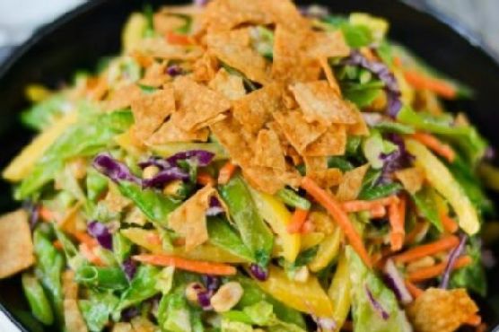 Thai Veggie Slaw with Peanut Dressing and Crispy Wontons